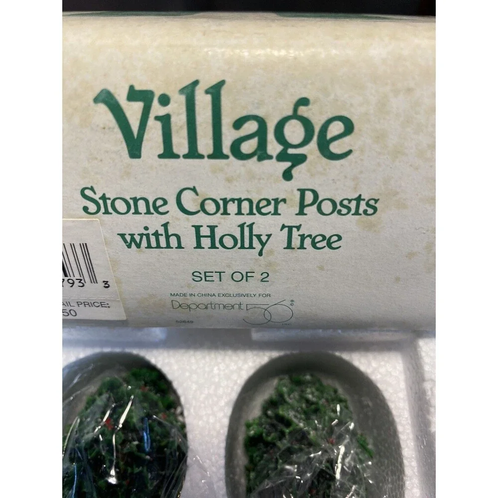 Dept 56 - Snow Village Stone Corner Post w/ Holly Tree  - 52649 - Set of 2 -NOS